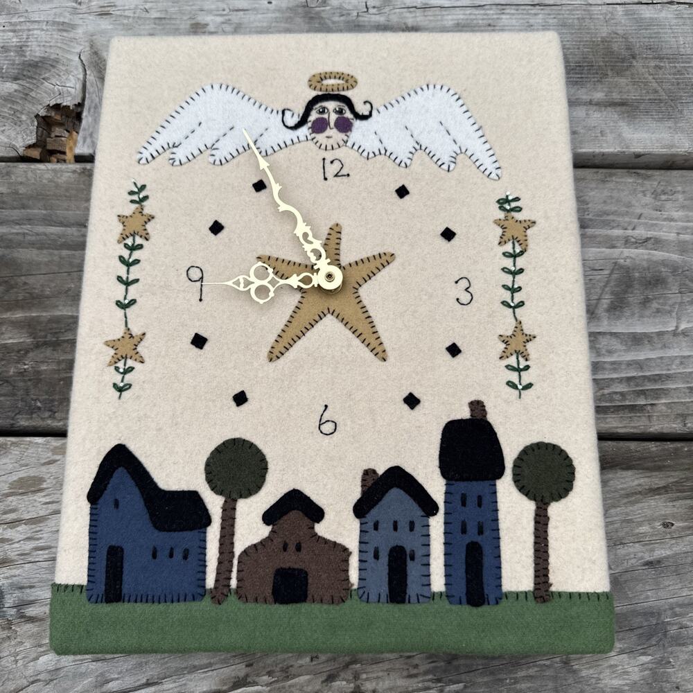 Vtg Handmade Folk Art Clock Felt Angel Stars Homes Houses City Rectangle Works